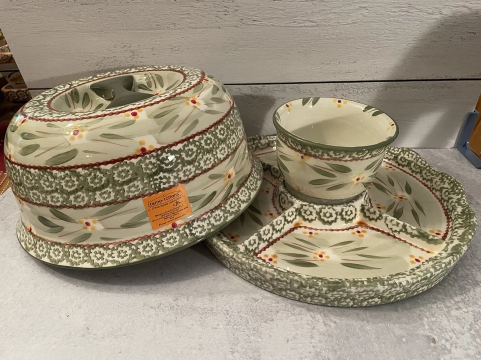 Temptations By Tara Old World Verde Juego de Servir 4 en 1 Dip Chip Pastel Plato Tazón Foto 2 de 4