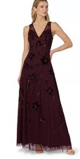 Adrianna Papell Velvet Floral Beaded Mesh Gown,sz 14,Purple,New,No Missing Beads