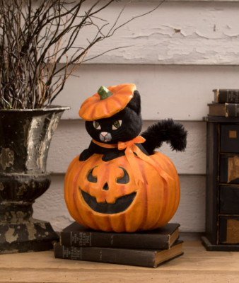 Bethany Lowe Kitty Cat in Jack O Lantern Pumpkin Black Halloween Decor