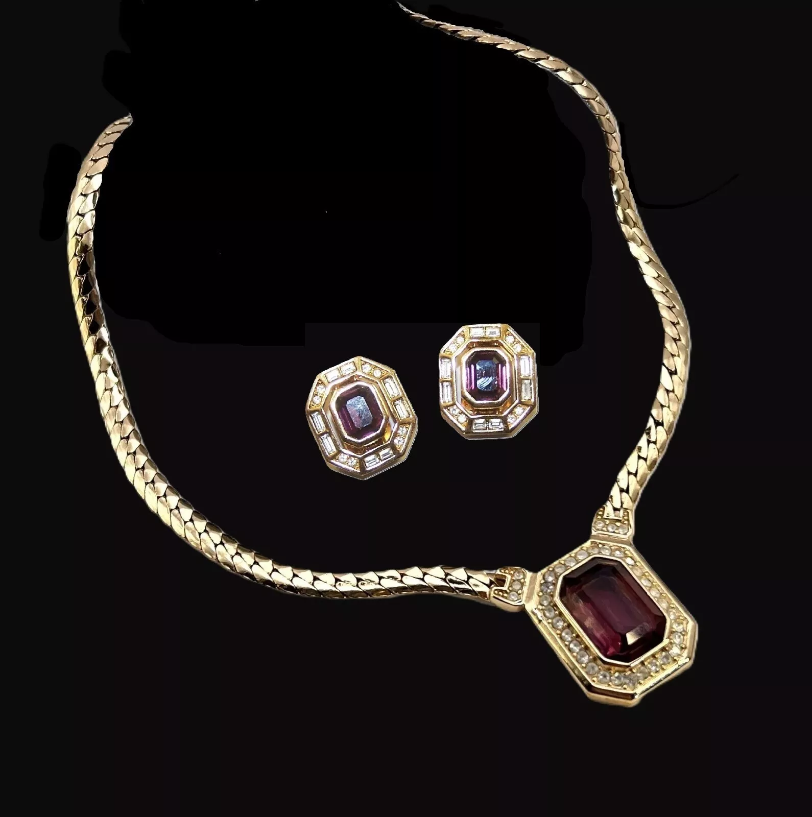 GRANDE pour collier et boucles d'oreilles cristaux améthyste, pavé, baguette CHRISTIAN DIOR
