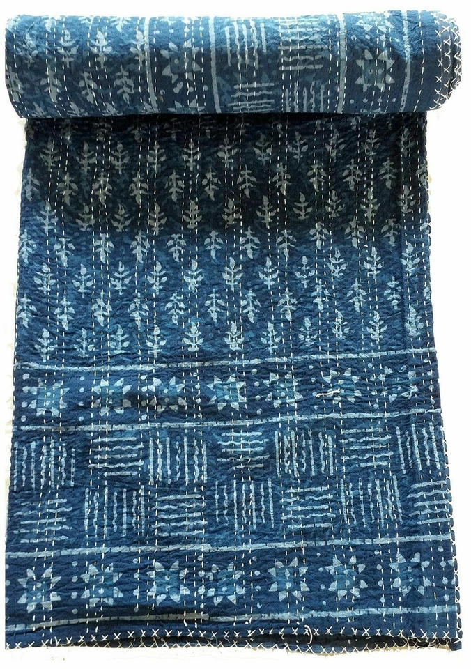 Indian Vintage Hand Block Shibori Print Cotton Indigo Blue Kantha Quilt Jaipuri - Image 3 of 3