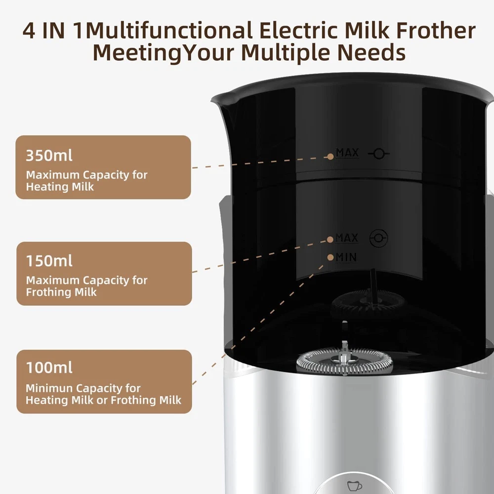 Milk Frother Automatic Electric 4-In-1 12Oz Steamer for Coffee Latte Black