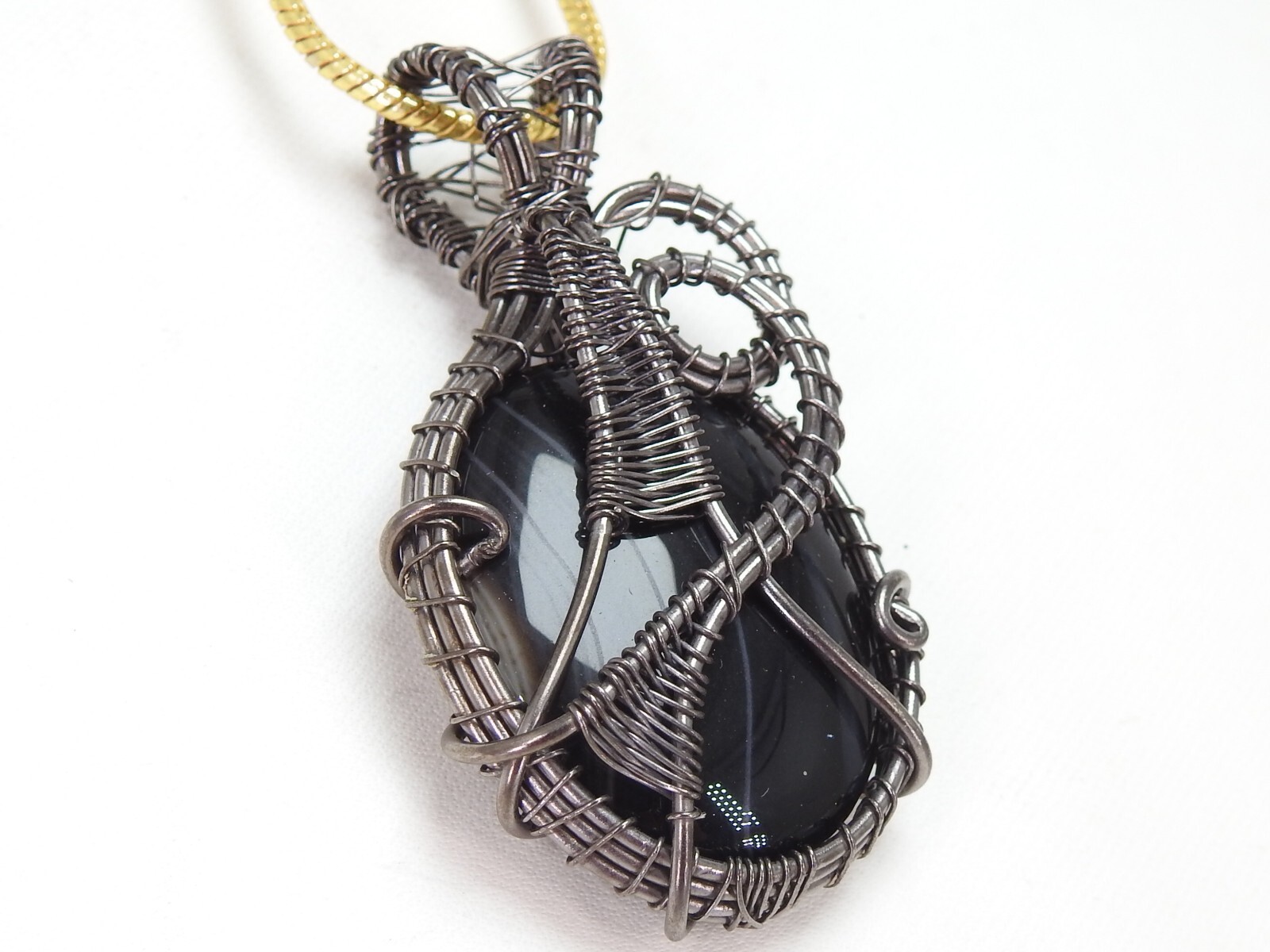 Black Strip Agate Brass Pendant Silver Oxidised Polished Wire Wrapped Jewelry