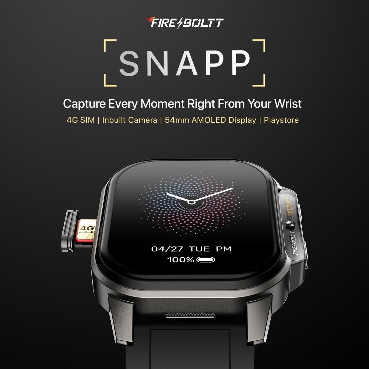 Fire-Boltt Snapp Smart Watch, Selfie Camera, 4G Nano-SIM Black