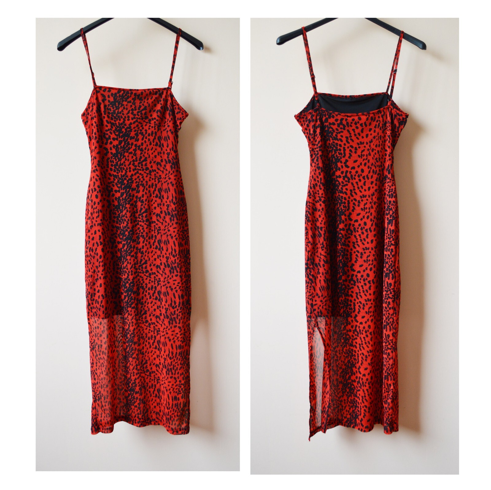Red mesh leopard printed side slit split leg dres… - image 10