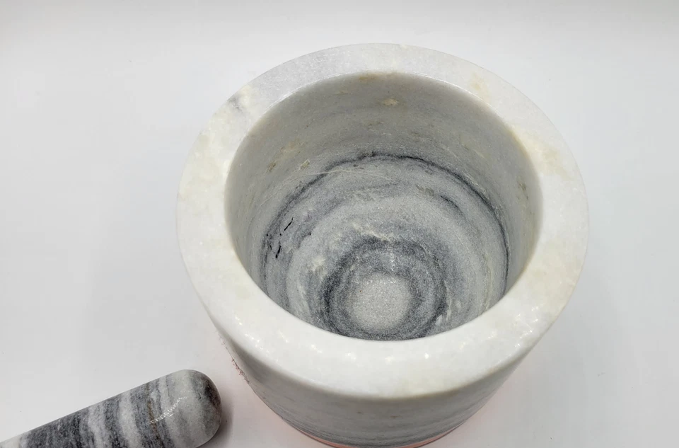 Mortero y mazo grande gris piedra mármol roca y metal tono oro rosa 4" de alto Foto 3 de 4