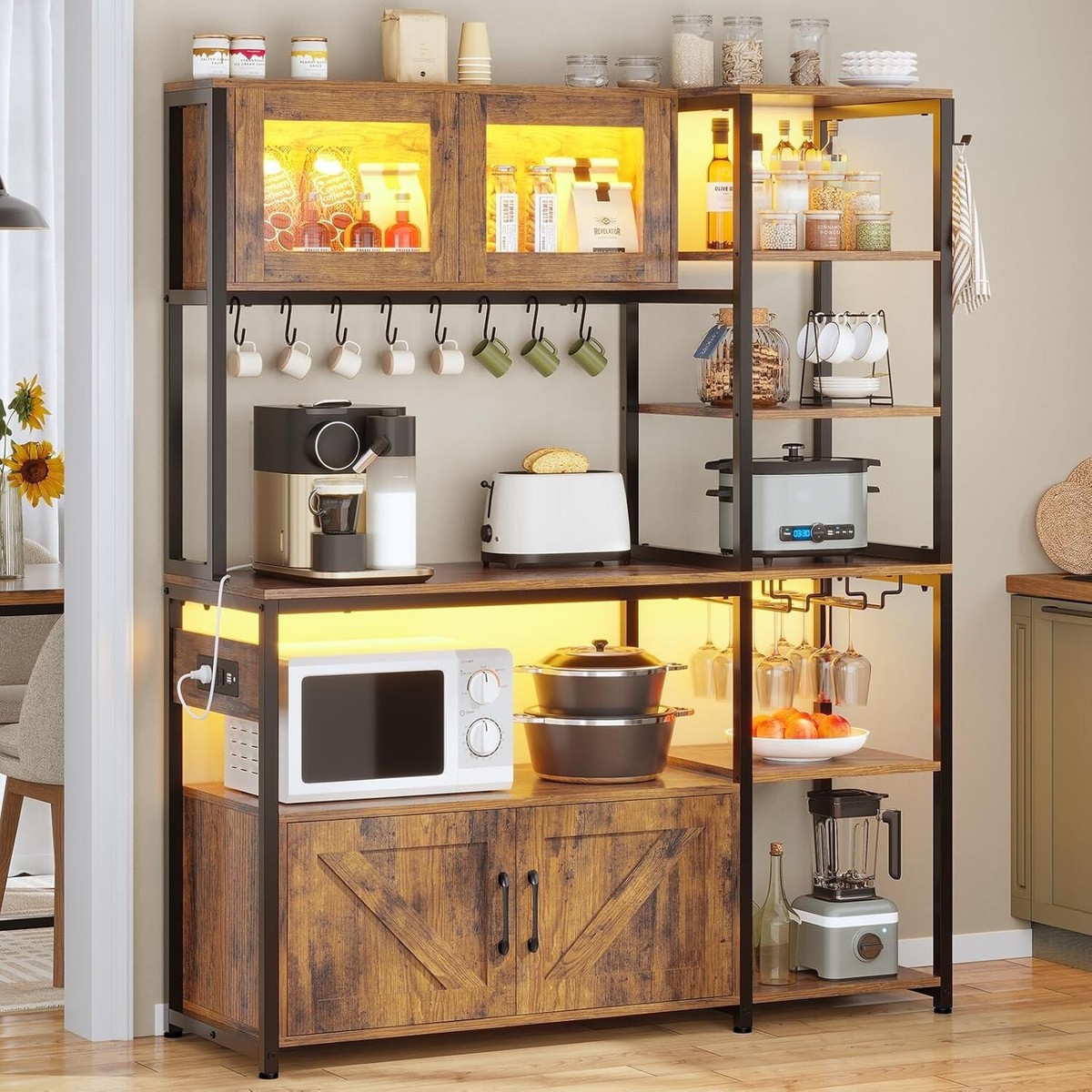 Bakers Rack with LED Light and Glass Cabinet, Farmhouse