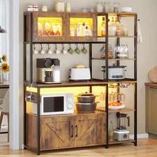Bakers Rack with LED Light and Glass Cabinet, 45.3" Farmhouse Coffee Bar Cabinet