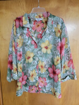 CATHY DANIELS Women's Size 3X Semi-Sheer Floral Short Sleeve Button Up Shirt