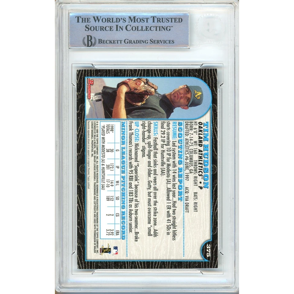 Карта с автографом Тима Хадсона 1999 Bowman No375 RC Beckett BAS Slabbed Oakland A's - Изображение 3 из 4