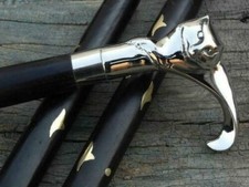 brass antique silver cat head handle black inlay wooden cane walking stick gifts