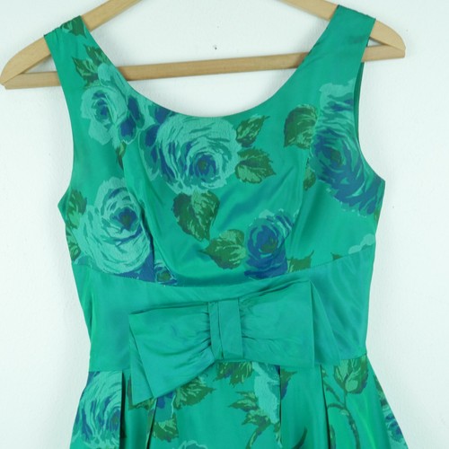 Vintage 50s Small Dress Green Floral Fit Flare Cocktail Peplum Prom Formal Retro - Picture 2 of 17