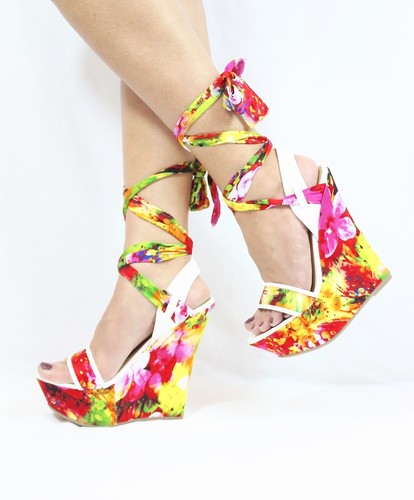 Bamboo Skyline Satin Floral Peep Toe Bloom Print Ankle Wrap Platform Wedge - Picture 2 of 4