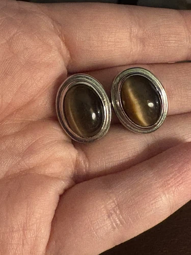 Vintage Tigers Eye Look Tapered Oval Clip On Earrings Costume Jewelry