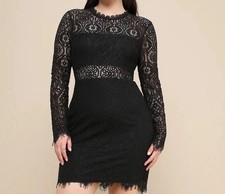 Lulus Black Floral Lace Sheath Dress Long Sleeve Lined Zip Front Size XL fits L