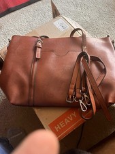 Brown Shoulder Bag w/ Buckle Accent, Detachable Strap, Zip, Women's