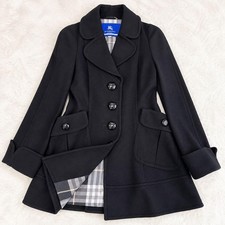 BURBERRY BLUE LABEL Long Coat Black Nova Check Size 38/S Big Buttons FJ ADA