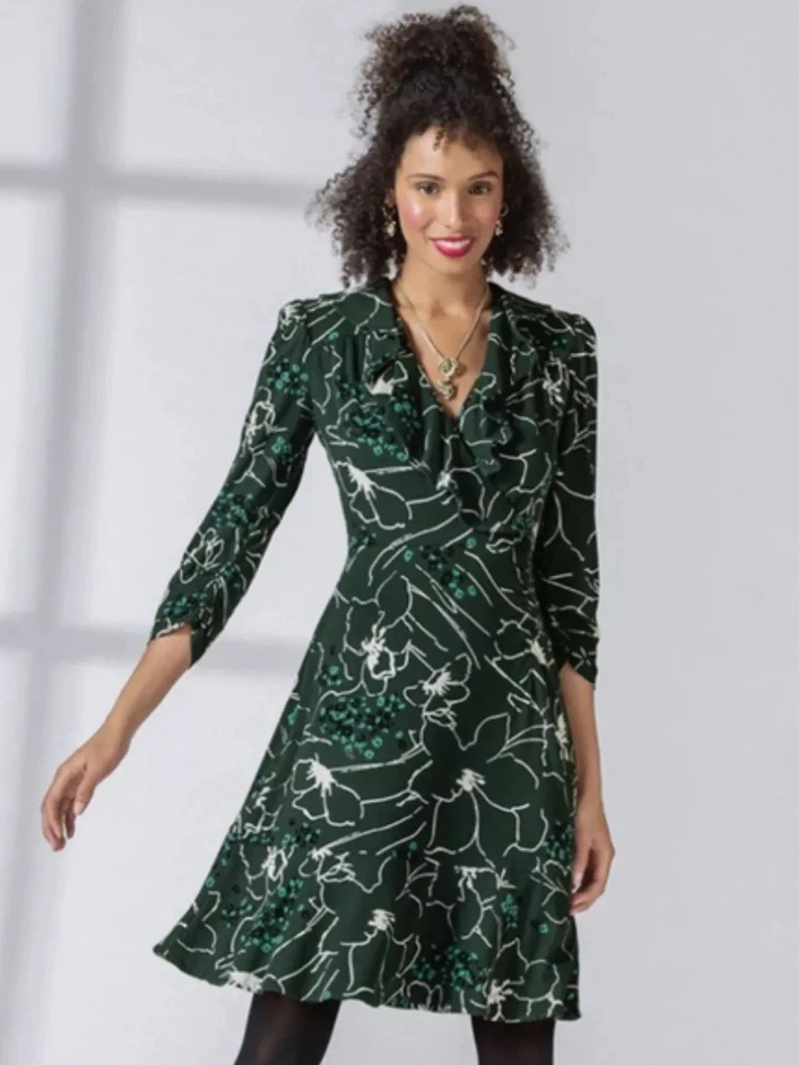 cabi green dress Cabi Green Floral Print Faux Wrap Pullover Dress Sz X-Small
