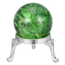 Crystal Ball 40mm, Ice Cracked Glass Ball with Metal Stand, Green/Silver