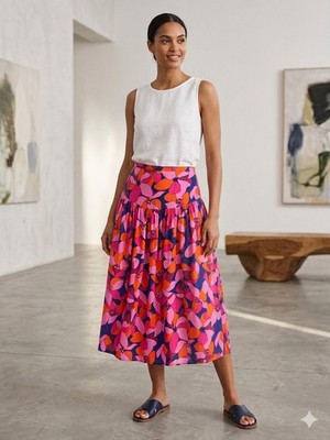 Abel The Label Floral Pleated Midi Skirt Pink Orange Purple High Rise S Women