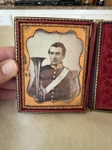 TINTYPE of CIVIL WAR SOLDIER HOLDING A TRUMPET HORN BAND Plus Extra Photograph