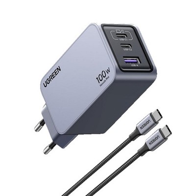 UGREEN Nexode Pro 100W 3-Port GaN Fast Charger Set EU Wall Universal, Gray