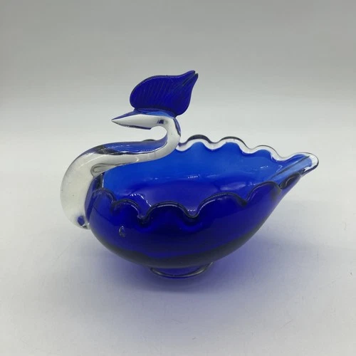 Vintage Murano Swan Blue Handblown Glass Trinket Dish Soap MCM