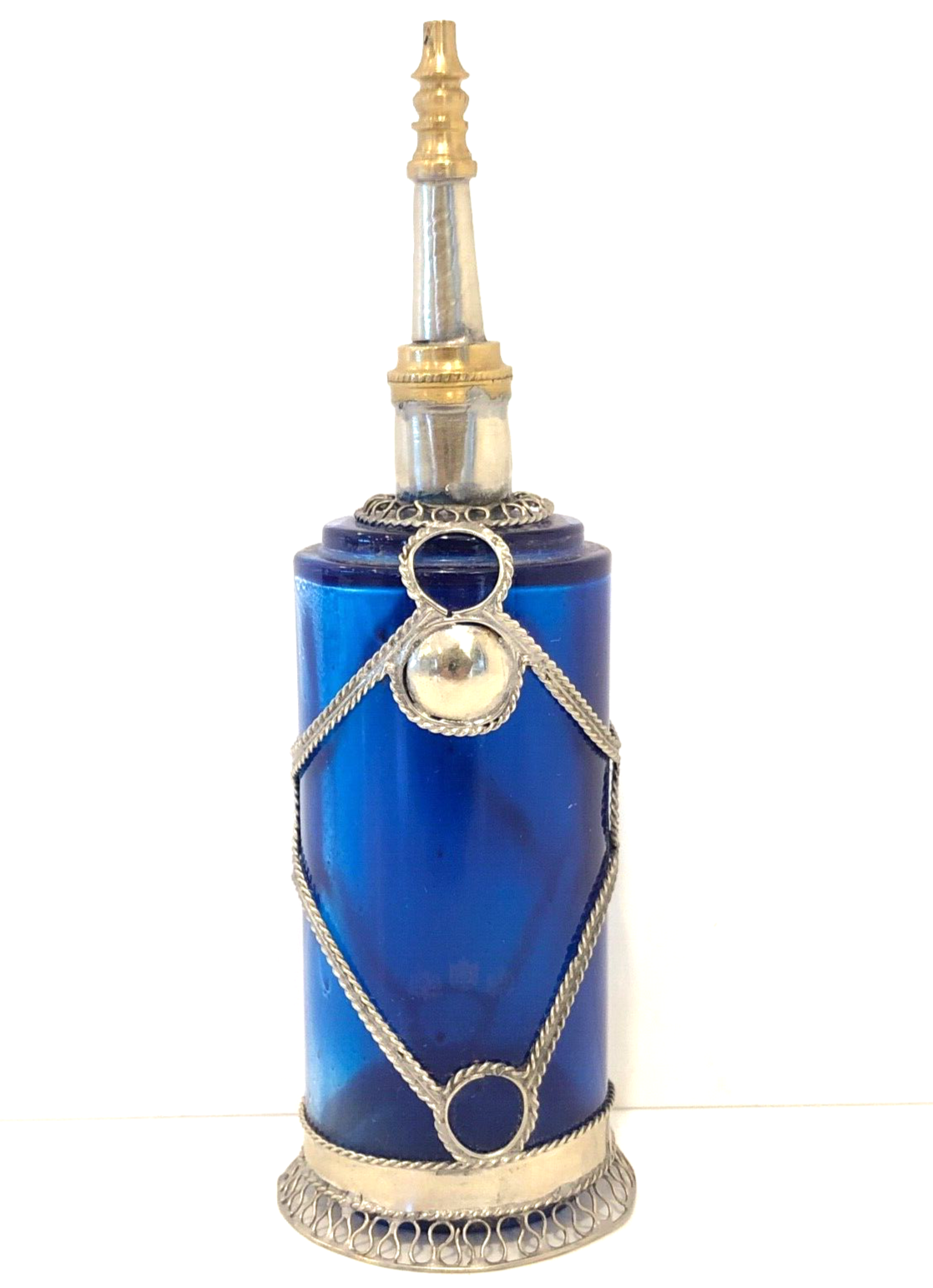 Vintage Moroccan Middle Eastern Moorish Blue Glass & Ornate Metal Perfume Bottle