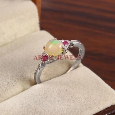 Natürlicher Opal & Geheizter Rubin Mit 925 Sterling Silberring Für Frauen #4669 - Bild 1 von 4