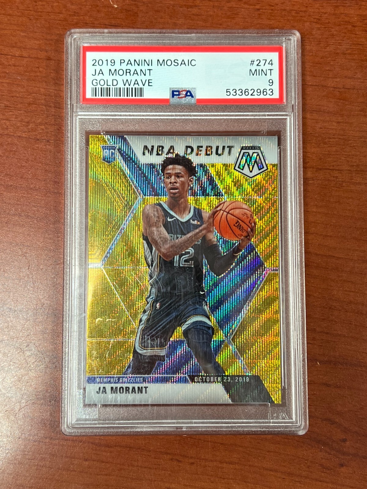 2019 Panini Mosaic - Rookie Gold Wave Prizm #274 Ja Morant RC Debut PSA 9