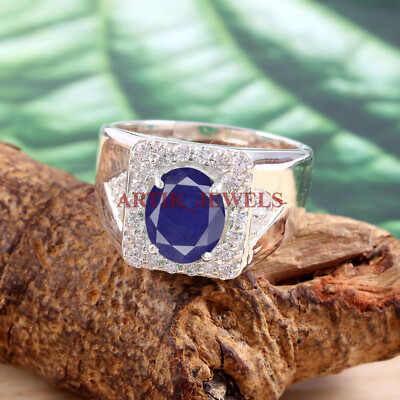 Heated Blue Sapphire Gemstone with 925 Sterling Silver Ring for Men's #5397