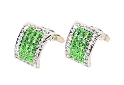 Jarin MINT Curved Rectangle Silver Clip Earrings Aqua & Clear Square Rhinestones
