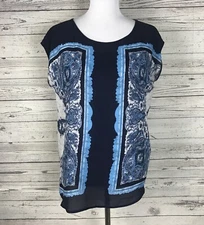 Ava Christine Women's Blue White Paisley Cap Sleeve Round Neck Top Size M