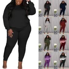 Plus Size2Pcs Outfits Women Casual Round Neck Jogging Sets Long Sleeve Tracksuit