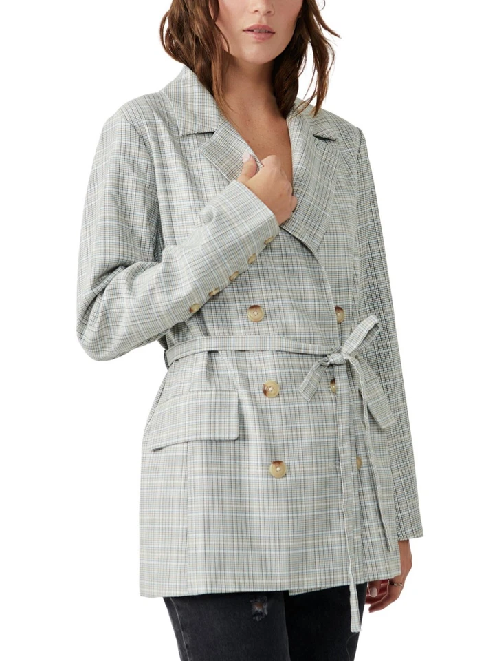 Free People Plaid Check Blazer Womens XS Grey Double Breasted Belted Oversized - Image 3 of 4
