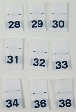 90 PCS WHITE WOVEN FOLDED SEWING SIZE LABEL TAGS - 28,29,30,31,32,33,34,36,38
