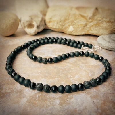 Natural 3 Multi Gemstones Black Onyx, Lava Rock 6MM Beaded Necklace For Men's
