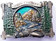1983 Bergamot Brass Works belt buckle God's Country kayaking mountains enamel