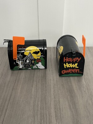 Vintage OTC 1990 Halloween Tin Mini Mailboxes Set Of 2 Howl O Ween Decorations 