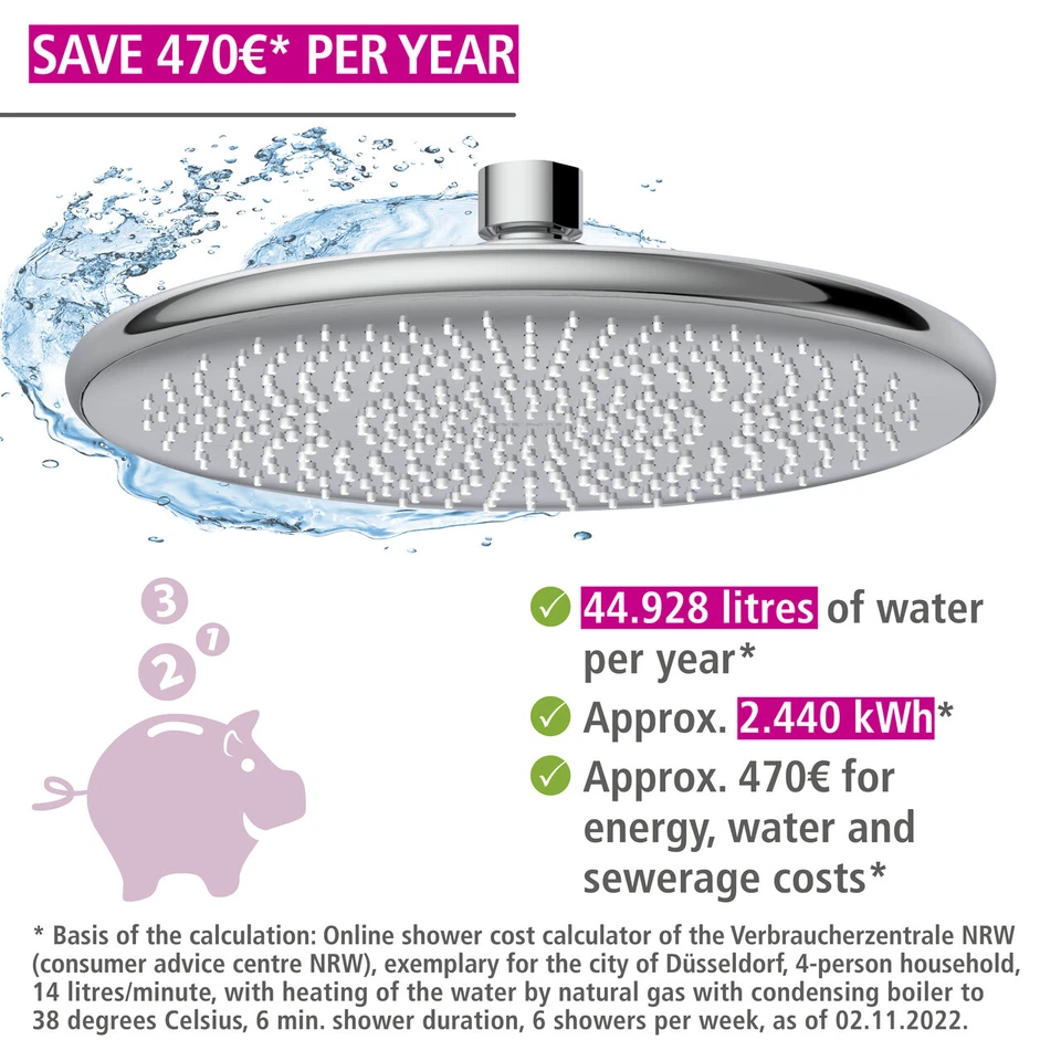 WENKO Regendusche Wassersparend Duschkopf Brausekopf Überkopfbrause Rund 22,5 cm - Bild 4 von 4