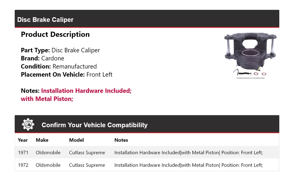 Pinça de freio a disco dianteira esquerda Cardone Oldsmobile Cutlass Supreme 1971-1972 - Imagem 2 de 4