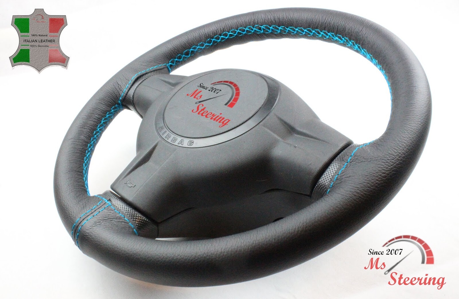 FOR OPEL VECTRA C 02-08 BLACK LEATHER STEERING WHEEL COVER LIGHT BLUE 2 STIT