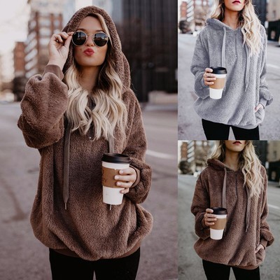 US Women Warm Fluffy Sweater Top Hoodie 