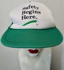 Vintage Green Mesh Snapback Trucker Hat Baseball Cap SAFETY BEGINS HERE Script