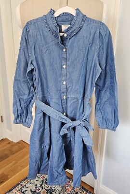 NWT Crewcuts Girls Blue Chambray Belted Shirt Dress Ruffle Collar Size 10