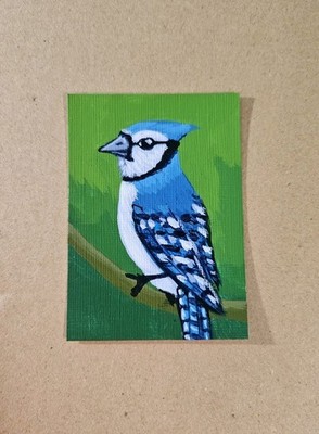 ACEO Blue Jay Mini Painting Original Blue Bird Acrylic Artwork Signed Art