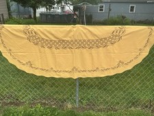 Gold Tablecloth W/Brown Handwork Cross Stitched Oval Tablecloth 56” x 86”