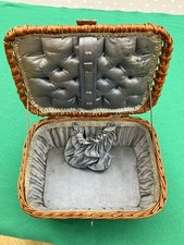 Vintage Wicker Woven Wood Basket Sewing Box Blue Satin Lining - Made in England