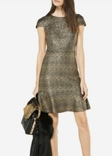 $125 MICHAEL KORS Cap Sleeve Foil Black Gold Flounce Designer Dress NEW Party S
