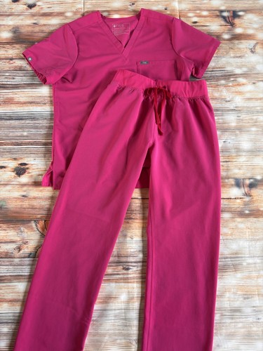 Figs Scrubs Shocking Pink Catarina Medium Top & Livingston HW Bottoms Size Small